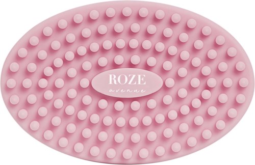 Roze ovale siliconen mat met ronde knobbels, gemarkeerd 'ROZE avenue'.