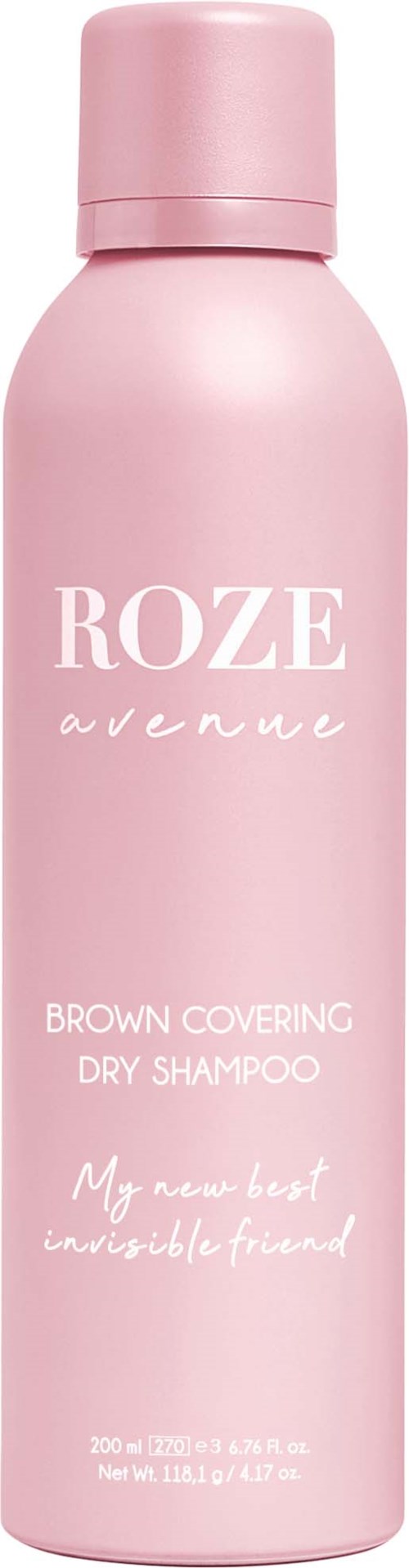En rosa flaska med torrschampo som heter ROZE avenue, med text om bruntäckning och att vara en osynlig vän.