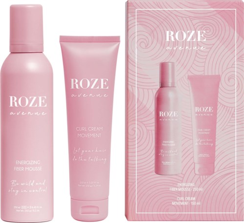 A pink haircare set includes a bottle, a tube, and a box, all labeled "ROZE avenue."