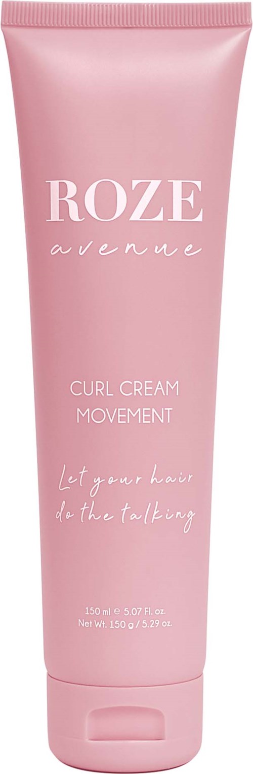 Roze tube met witte tekst voor ROZE avenue curl cream, beschrijft beweging, haar dat praat, en bevat 150 ml.