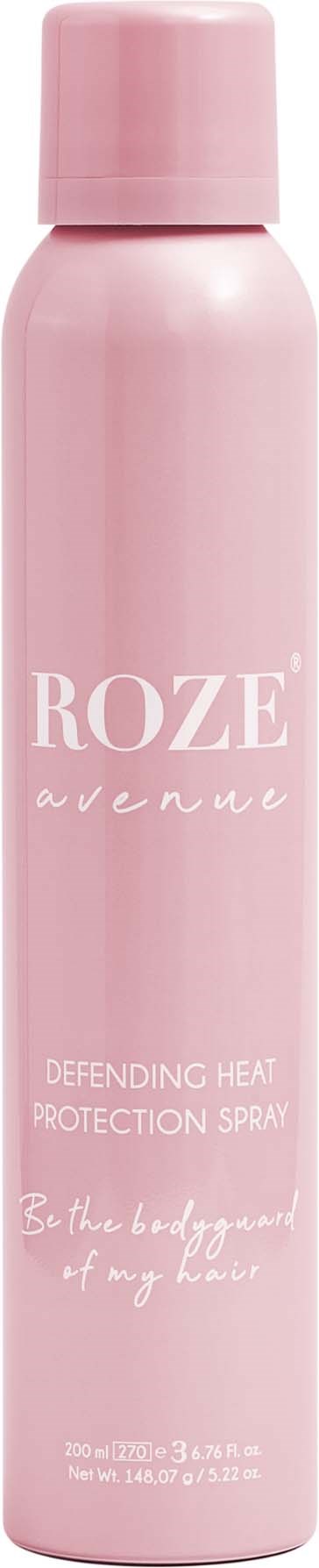 A tall pink bottle with a cap, labeled 'ROZE avenue' for heat protection spray, 300ml size.