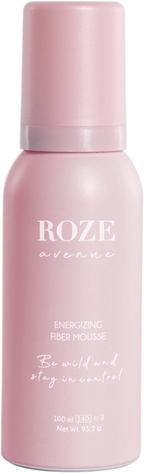 Pink flaska med Roze Avenue energigivande fiber mousse med vit text och lock.