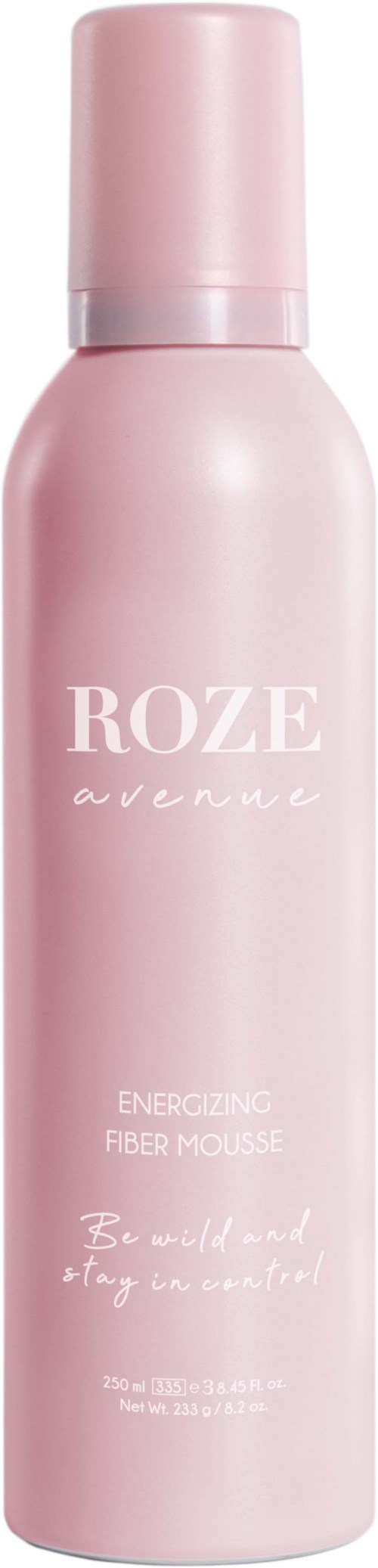 Een roze blikje met 'ROZE avenue' en 'Energizing Fiber Mousse'.