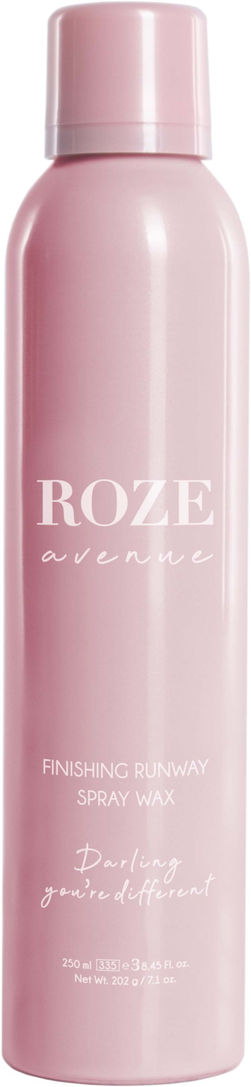 Ein pinker Sprühdose mit 'ROZE avenue'-Beschriftung, für Laufsteg-Looks, schlichtes Design und Kapazitätsangaben.
