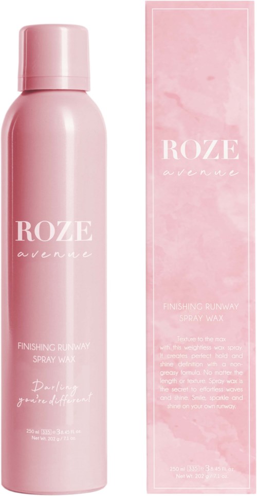 Pinke Sprühdose und Verpackung, mit 'ROZE avenue' beschriftet, mit Duft- und Größenangaben.