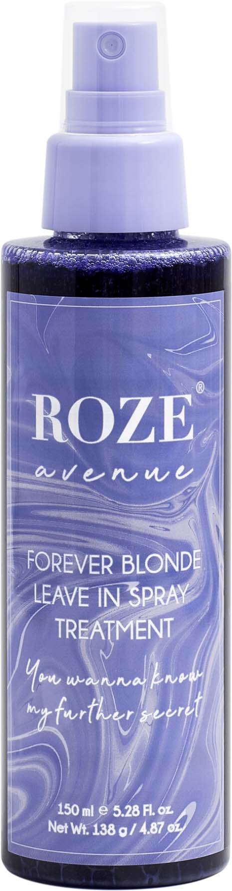 Eine lilafarbene Sprühflasche mit der Beschriftung 'Forever Blonde Leave-In Spray Treatment' von Roze Avenue. Es sind 150 ml.