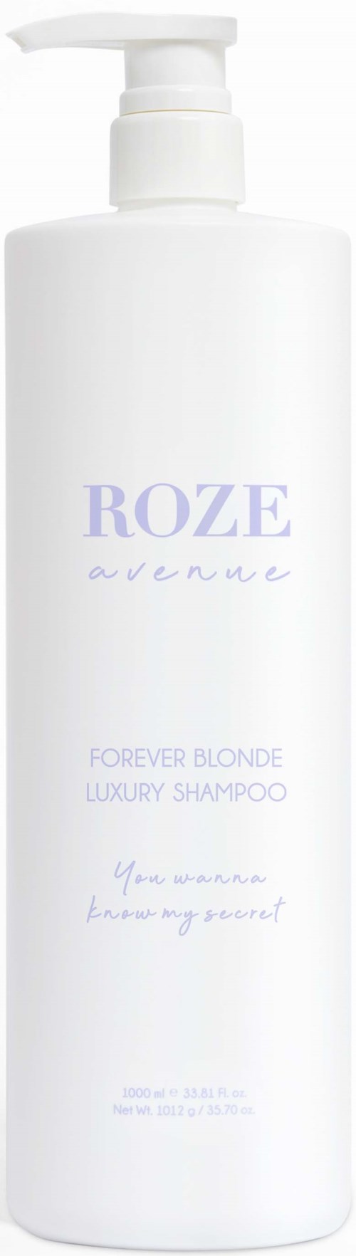 En vit schampoflaska med pump, märkt 'ROZE avenue, Forever Blonde Luxury Shampoo.'