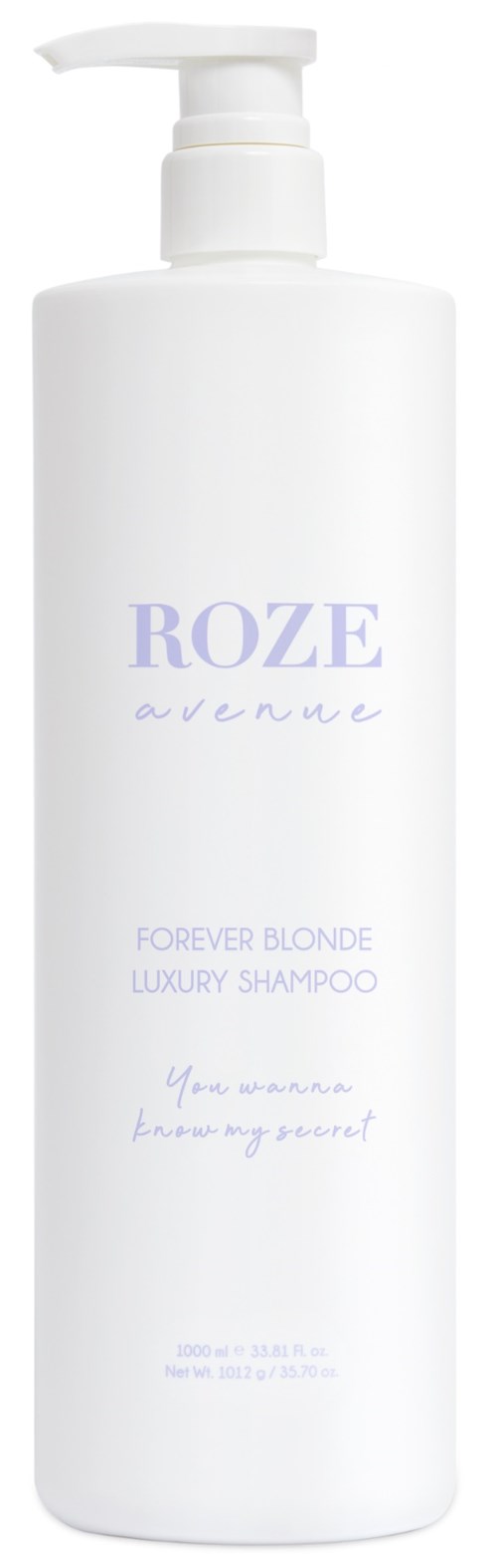 Eine weiße Shampoo-Flasche mit Pumphals, beschriftet mit 'ROZE avenue,' 'Forever Blonde,' und 'Luxury Shampoo,' in lila Text.