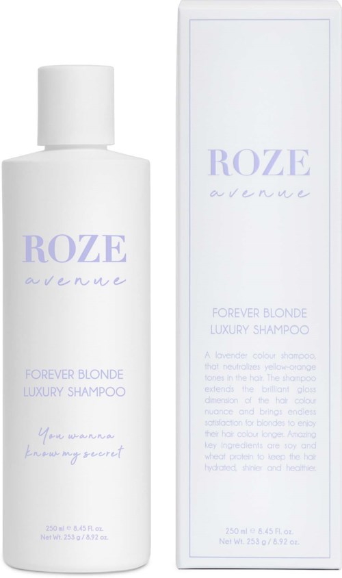 En vit schampoflaska och förpackning med lila text, märkt 'Roze Avenue Forever Blonde Luxury Shampoo.'