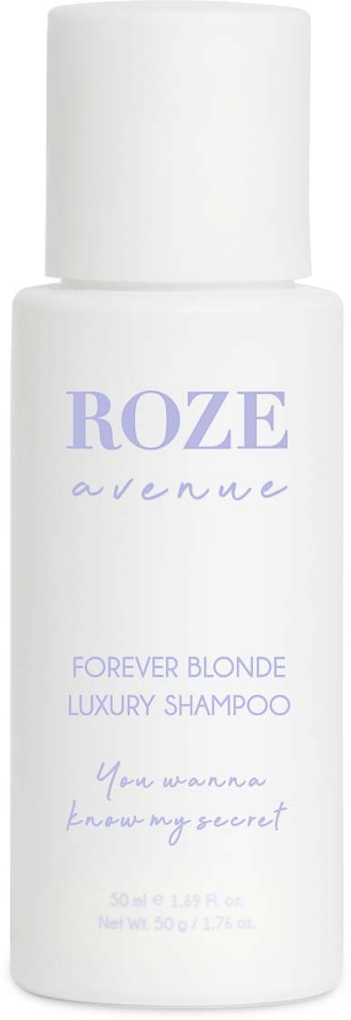 Weiße Shampoo-Flasche mit lila und hellvioletter Schrift, gekennzeichnet 'ROZE avenue' und 'Forever Blonde Luxury Shampoo'.