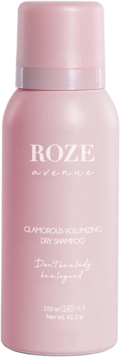 Eine rosa Flasche Trockenshampoo mit weißen Text, 'ROZE avenue', für Volumen und Trockenheit.