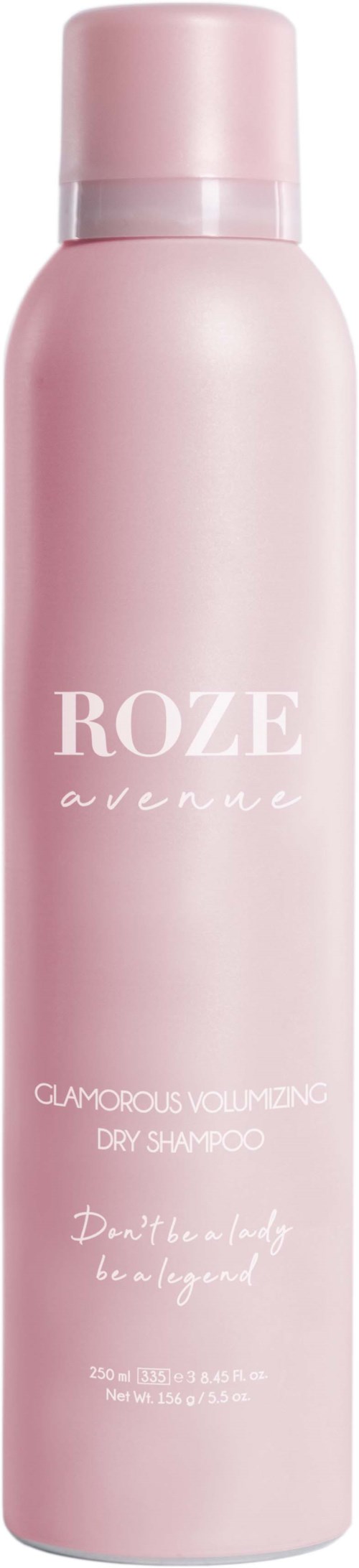 Eine rosa Flasche Trockenshampoo mit dem Markennamen 'ROZE' und den Worten 'Glamorous Voluming'.