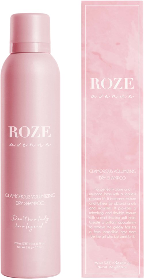 Eine pinke Shampoo-Flasche mit passender Verpackung, beschriftet mit "ROZE avenue" und "glamorous voluming dry shampoo."