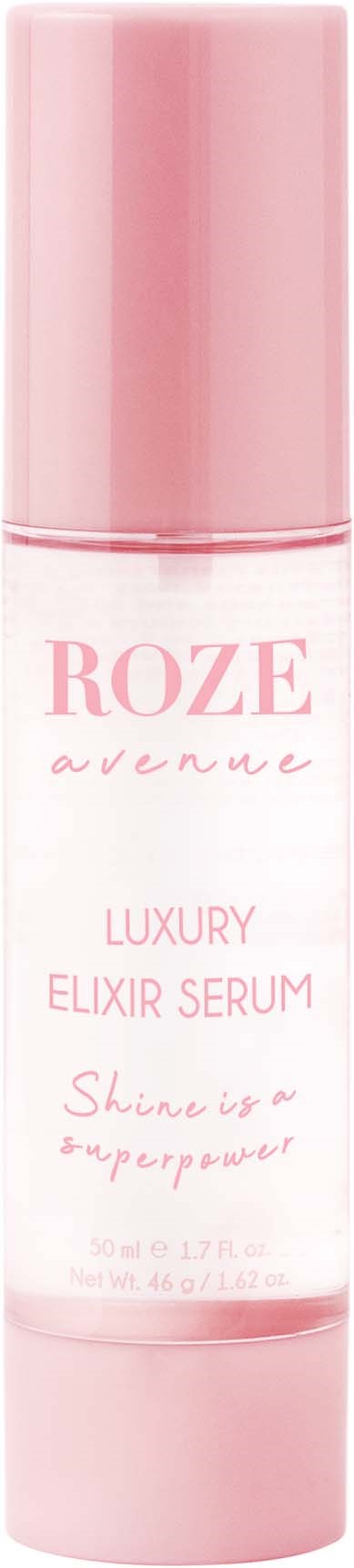 Eine rosa Flasche mit weißen und rosa Text, als Luxus-Elixier-Serum bezeichnet, mit Schraubverschluss und Slogan.