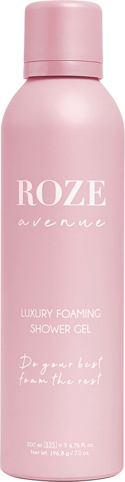Roze fles met 'Roze Avenue' voor luxe schuimende douchegel, met de zin 'Do your best from the rest.'