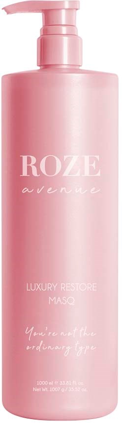 Rote Flasche mit Pumpe, beschriftet 'ROZE avenue' und beschreibt es als Luxus-Wiederherstellungsmaske. Es steht 'You're not alone ending free.'