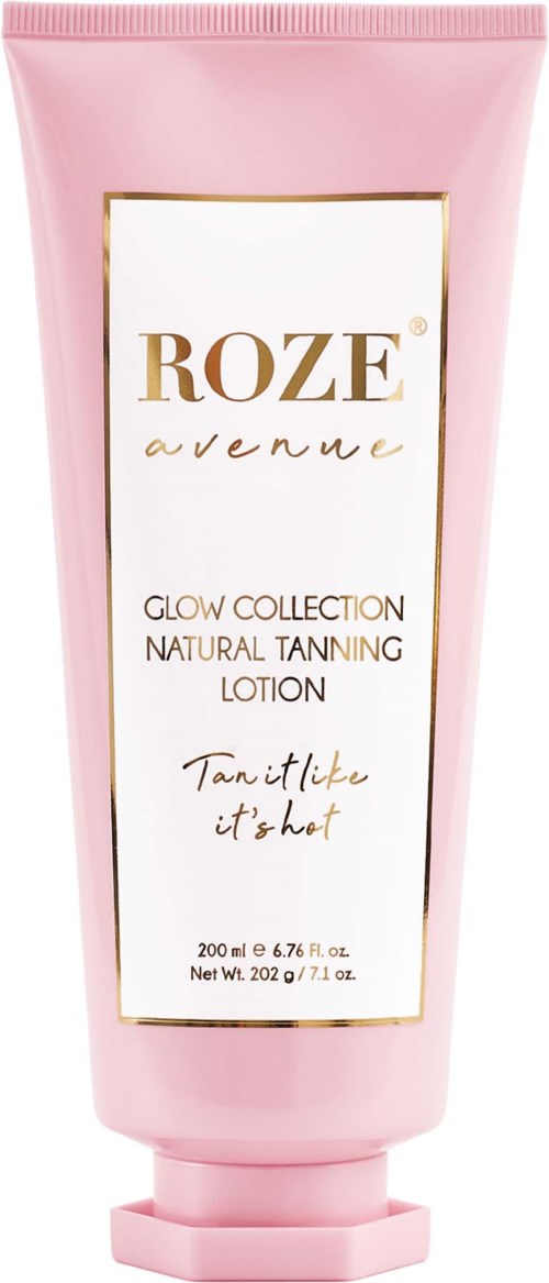 A pink lotion tube, labeled Roze Avenue, for tanning from the Glow Collection, contains 200 ml.