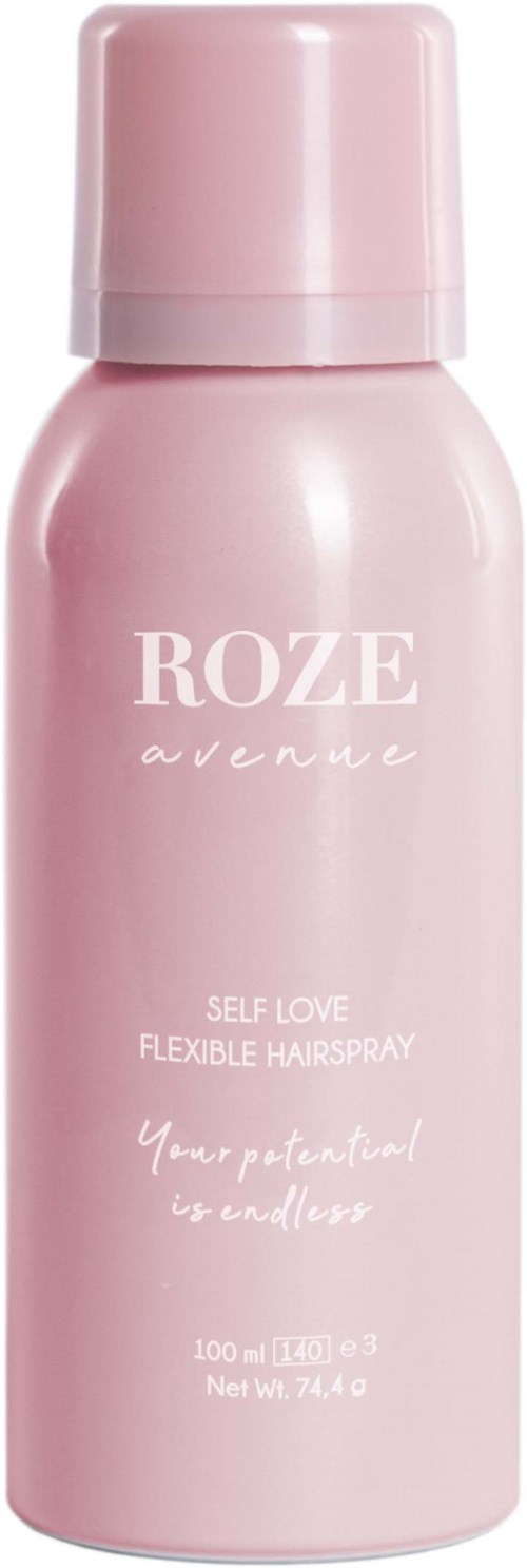 Een roze sprayfles met de tekst "ROZE avenue" en zinnen over zelfliefde en flexibele haarspray.