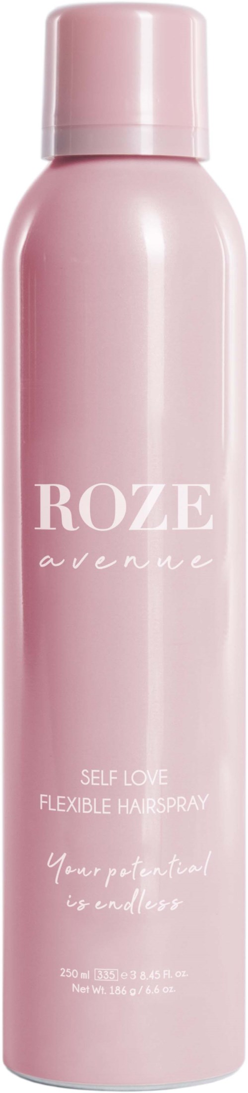 A pink aerosol can labeled 'ROZE avenue' for self-love and flexible hairstyle spray.