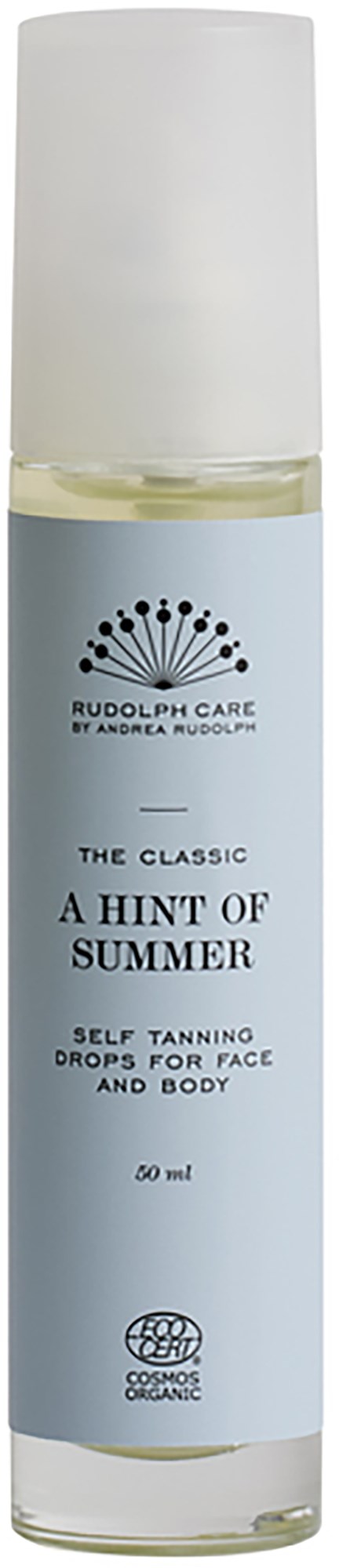 En sprayflaska för självvårdande brun utan sol med etiketten "A Hint of Summer" av Rudolph Care, för ansikte och kropp, 50 ml.