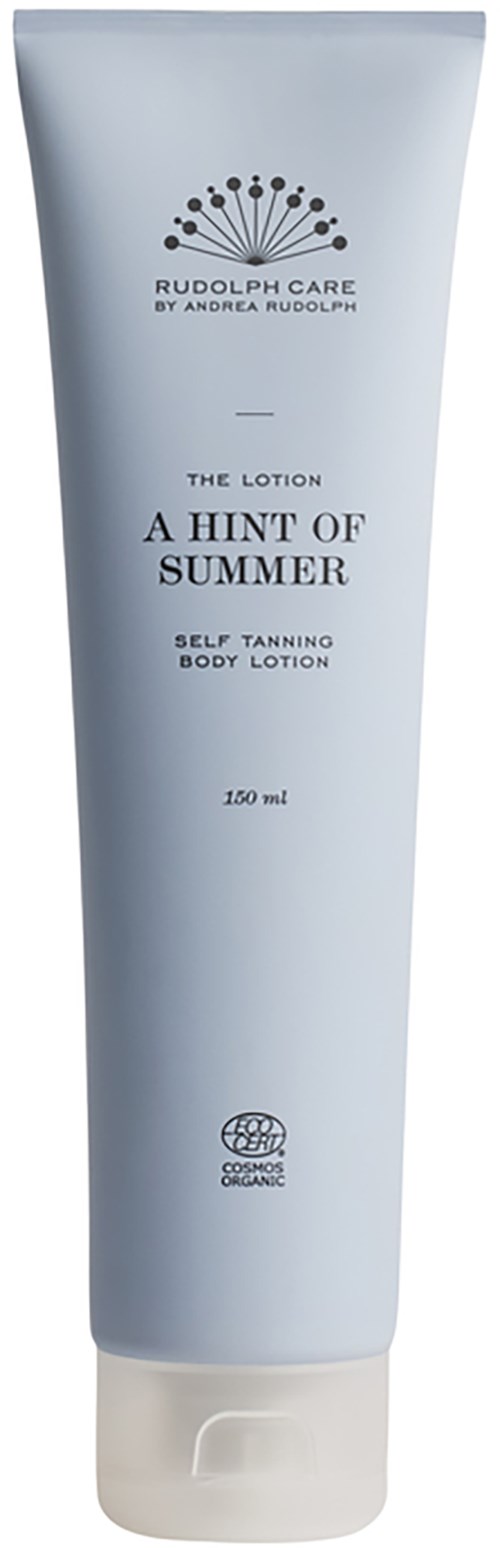White lotion tube with black and grey text, labeled as self-tanning body lotion, named "A Hint of Summer," 150 ml.