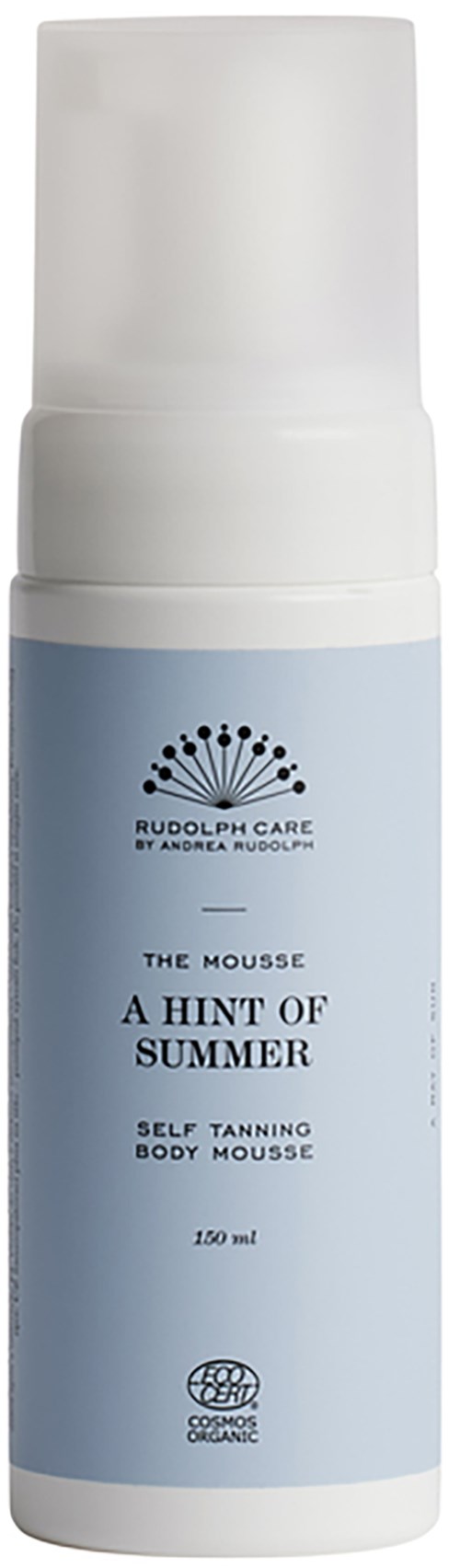 A white and light blue bottle of self-tanning body mousse by Rudolph Care, with a pump top.
