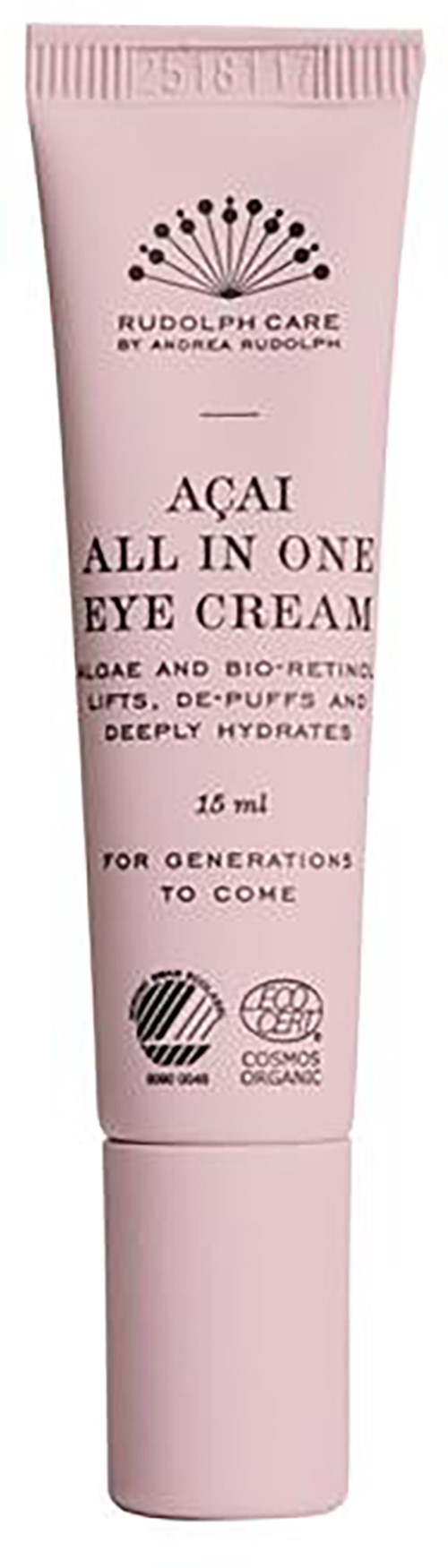 Różowa tubka z czarnym tekstem Açaí All In One Eye Cream i innymi szczegółami produktu.