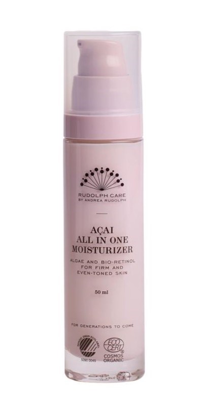Różowa butelka z pompką, oznaczona 'Acai All in One Moisturizer' i zawiera 50 ml produktu.