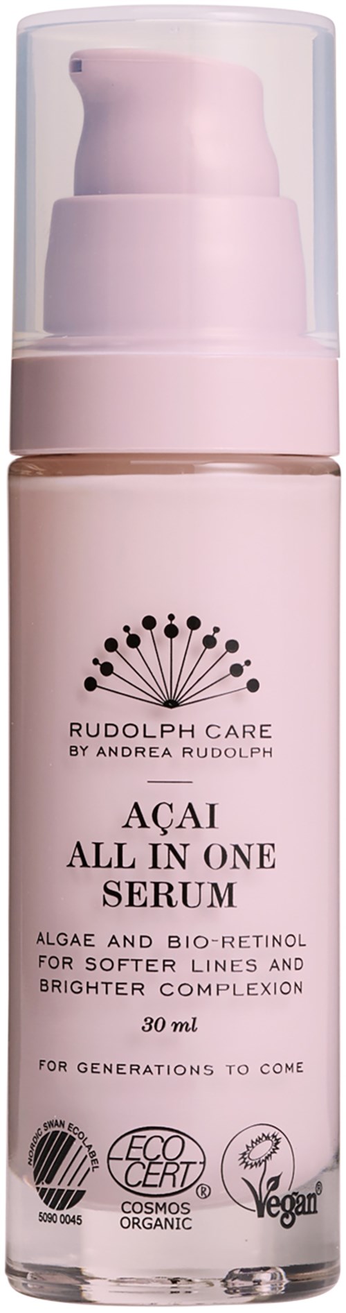 En rosa flaska med pumphuvud märkt Rudolph Care Açaí All in One Serum, med ecologos och vegansymboler.