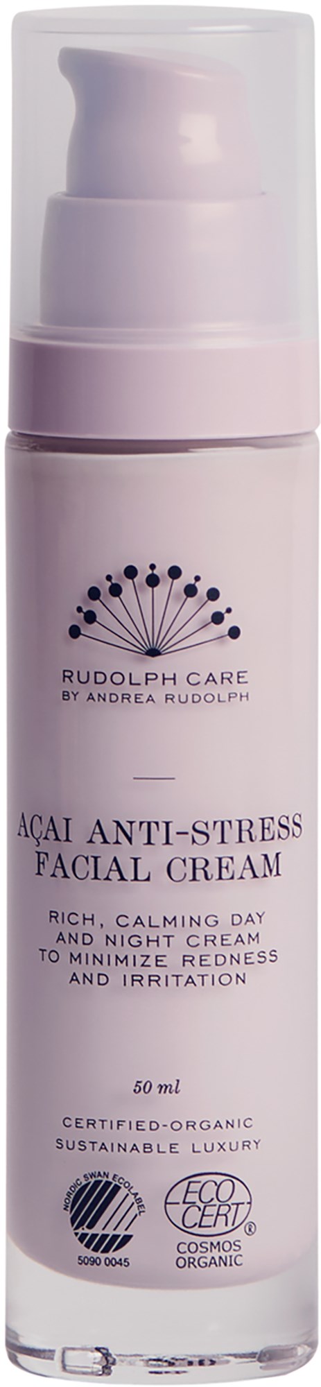 Eine rosa Flasche Gesichtscreme mit Pumpe, gekennzeichnet als Acai Anti-Stress Gesichtscreme, zur Reduzierung von Rötung und Reizung.
