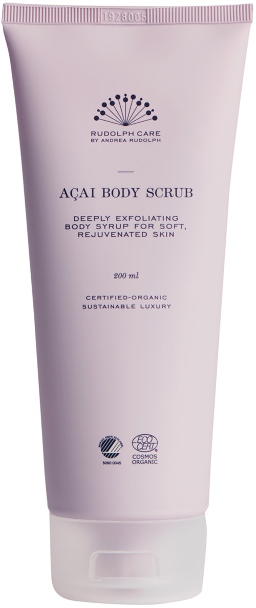 Jakaś jasnofioletowa tubka z Acai Body Scrub z tekstami i logo, promuje ekologiczne i zrównoważone cechy.