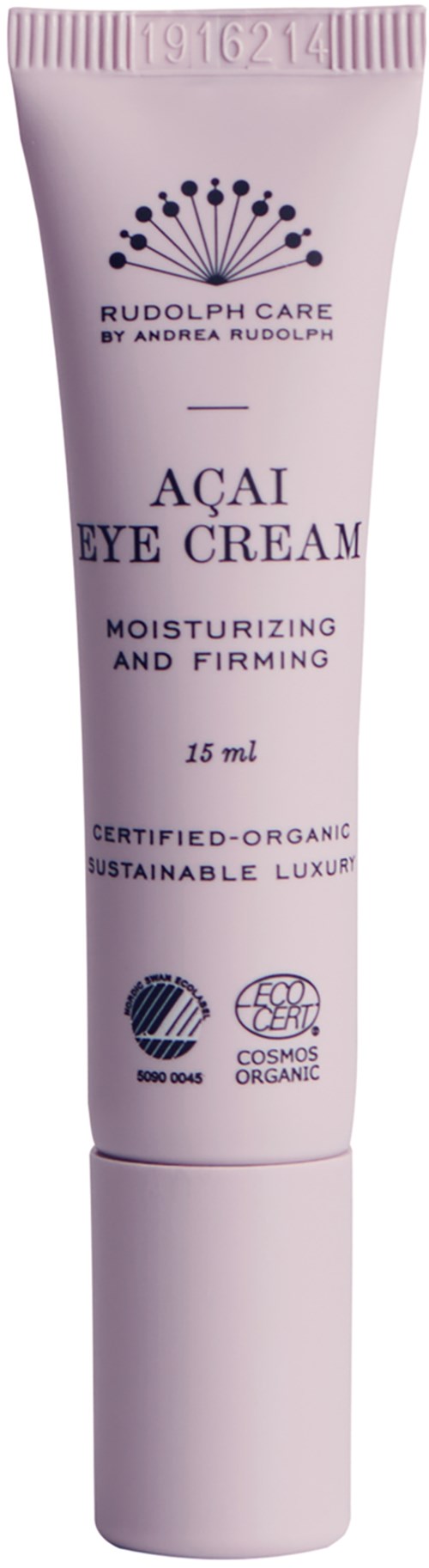 Kleine lila Tube mit der Aufschrift 'Açaí Eye Cream' und Infos zu Feuchtigkeit und Bio-Zertifizierung.