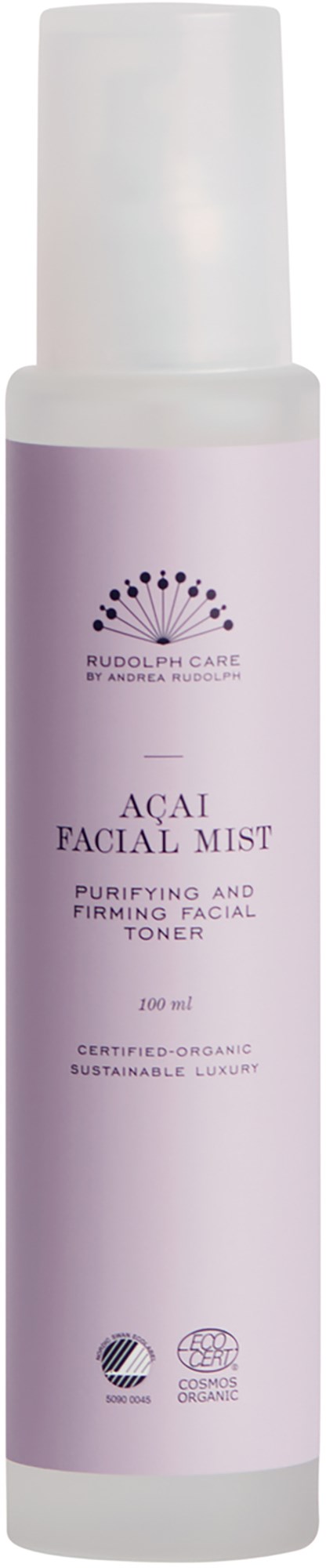 Eine lila Flasche mit weißer Kappe, beschriftet 'Acai Facial Mist'. Es ist für Reinigung und Straffung der Haut.