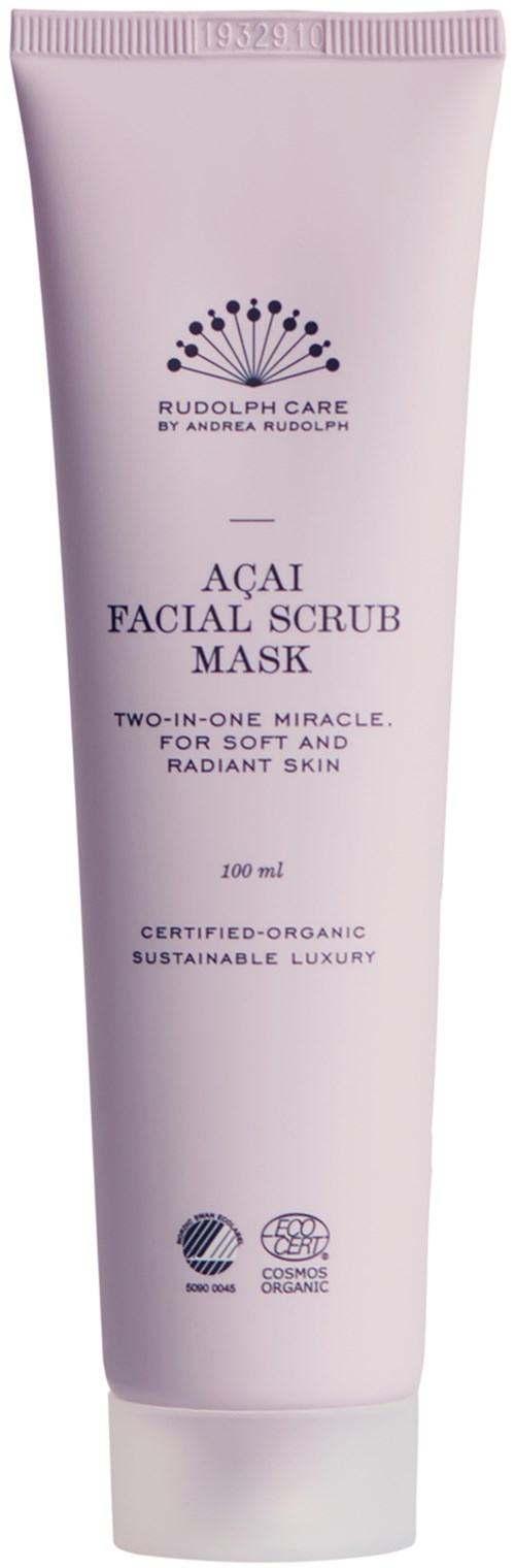 A pink tube of Acai Facial Scrub Mask from Rudolph Care, emphasizing organic, sustainable ingredients and skincare benefits.