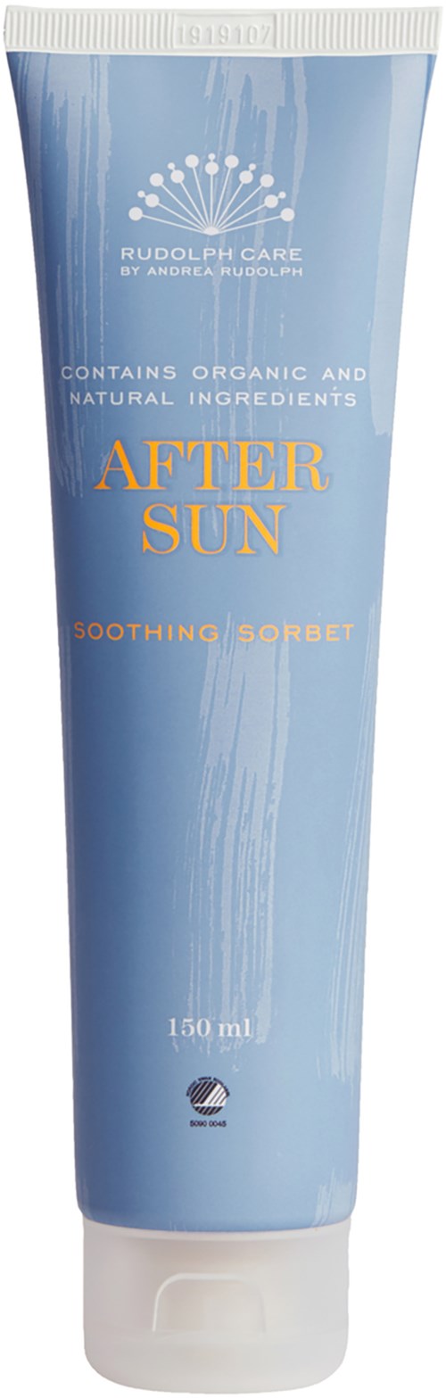 Blaue Tube mit Beschriftung 'After Sun Soothing Sorbet', enthält Bio-Zutaten, nach Sonnenexposition, 150ml.