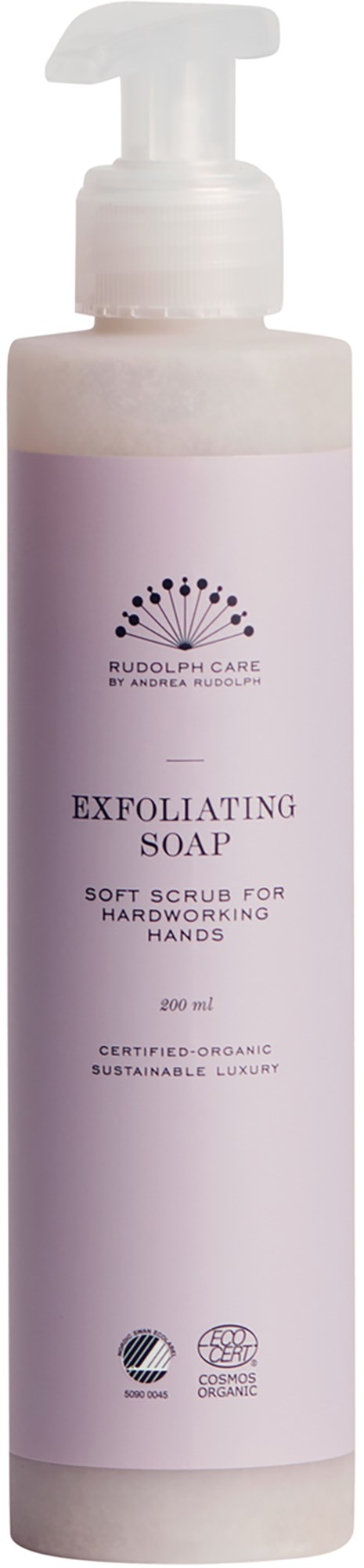 En lång flaska med pump, märkt 'Exfoliating Soap' för mjuk hud, certifierad organisk, miljövänlig, från Rudolph Care.