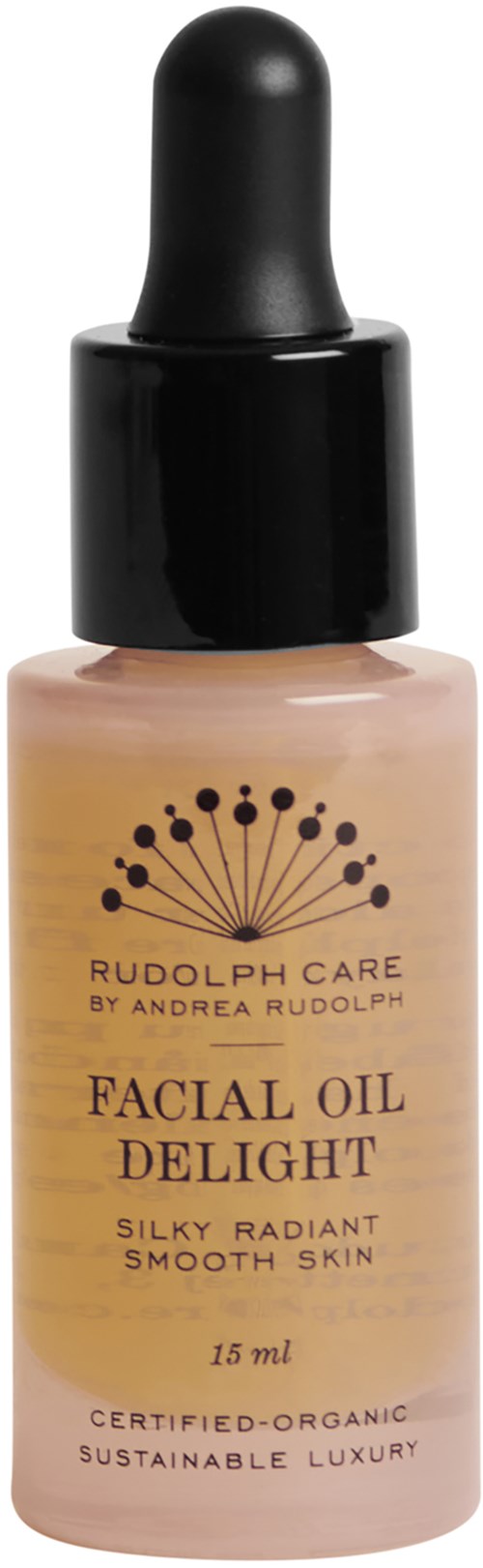 Kleine Flasche mit Gesichtsöl mit Tropfer, labeled Rudolph PH Care Facial Oil Delight, för glatte, strahlende Haut.
