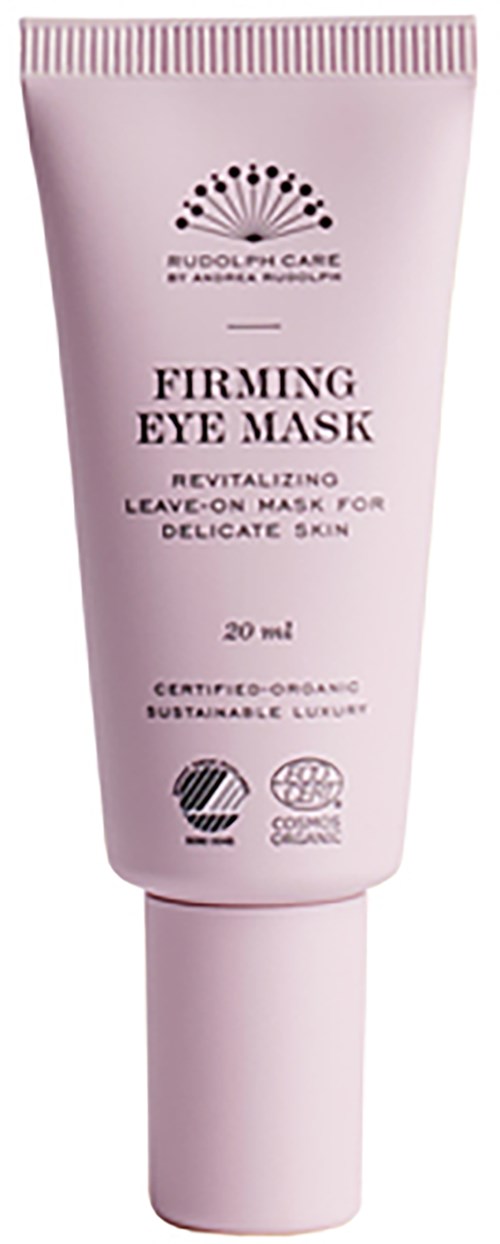 Rosa Tube mit der Aufschrift 'Firming Eye Mask' mit Informationen zu Größe und Bio-Zertifizierung.
