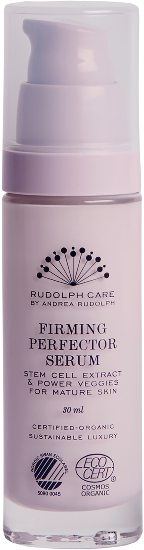 A pink bottle with a pump, labeled 'Firming Perfector Serum' for mature skin, containing plant extracts and organic ingredients.