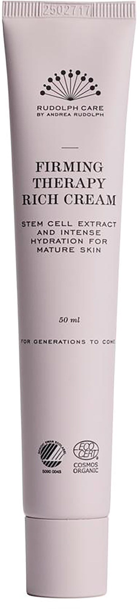 En vit tub med hudvårdsgrädde med text om fasthet och återfuktning, innehåller stamcellsutdrag, 50 ml kapasitet.