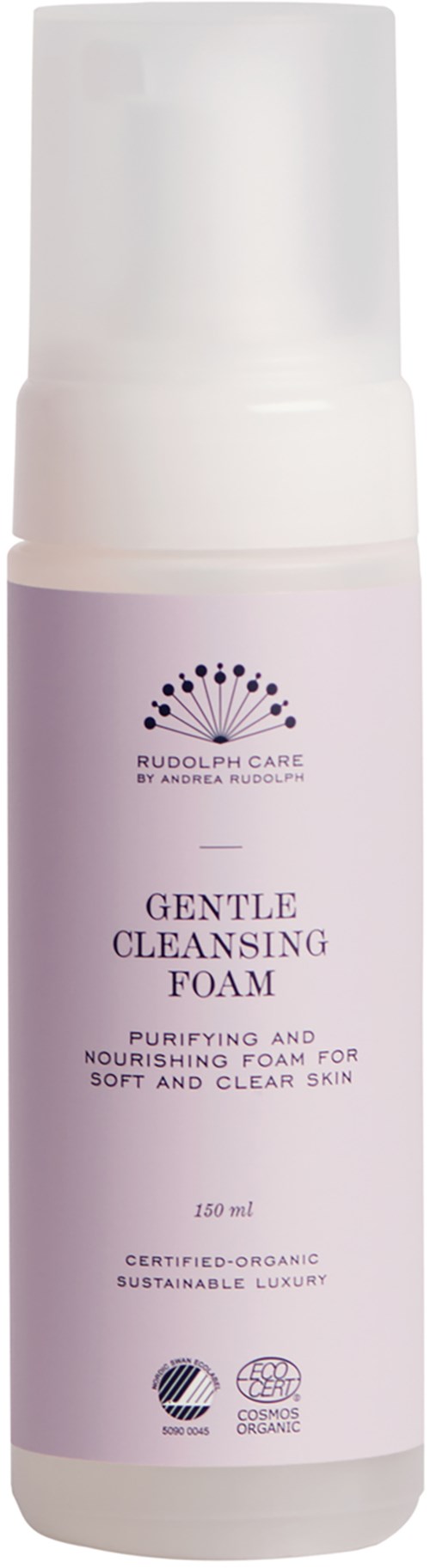 Eine weiße Flasche mit lila Etikett, das 'Gentle Cleansing Foam' sagt und Logos an der Unterseite.