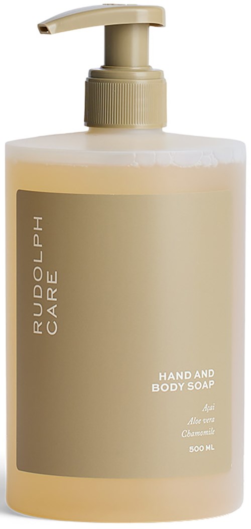 A beige pump bottle of hand and body soap, labeled with brand and details, contains 500 ml.