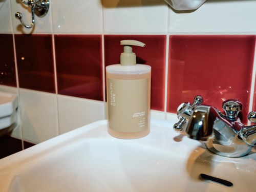 A soap dispenser on a bathroom sink with red and white tiled wall behind it.