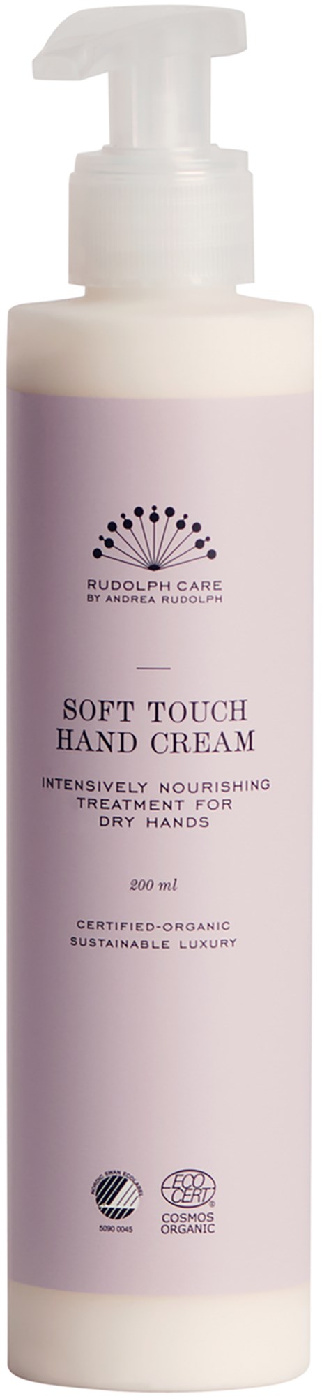 En lång, vit flaska med pump, märkt 'Soft Touch Hand Cream' av Rudolph Care, som ger fukt för torra händer.