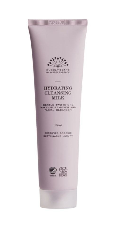 A pink tube of Rudolf Care Hydrating Cleansing Milk with organic certification, containing 300 ml for gentle face cleansing.