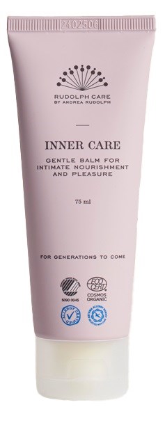 Pink tube of Inner Care, a gentle balm for intimate nourishment and pleasure, with certification symbols at the bottom.