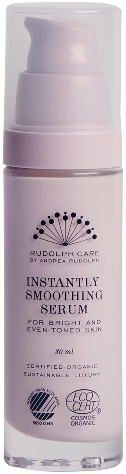 A light purple bottle with a pump, labeled 'Rudolph Care Instant Smoothing Serum,' for bright, even-toned skin.