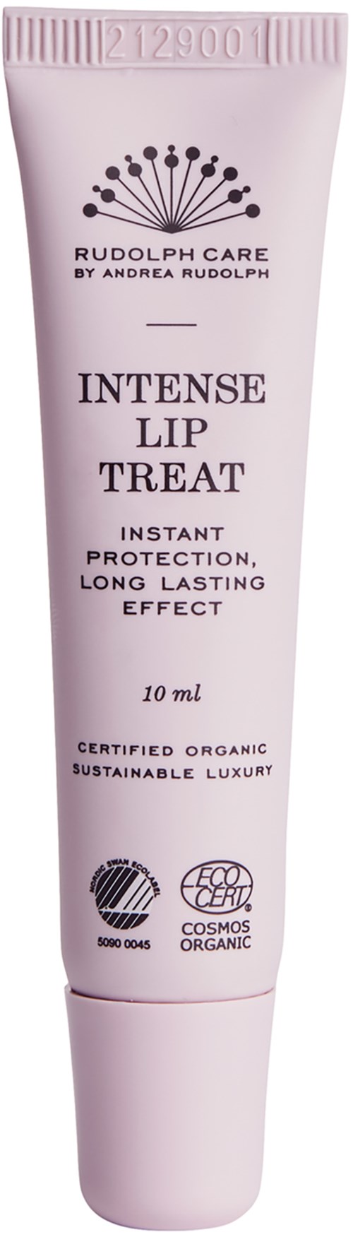 A pink tube labeled 'Intense Lip Treat' offers long-lasting protection for lips. It contains organic and sustainable ingredients.