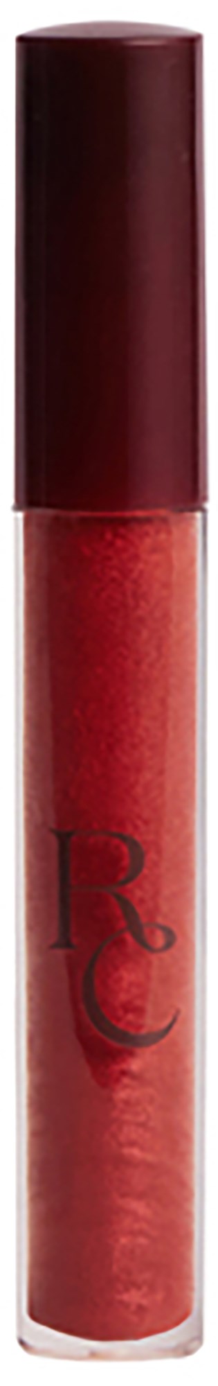 A red lip gloss tube with a dark cap and a transparent body showing the gloss inside.