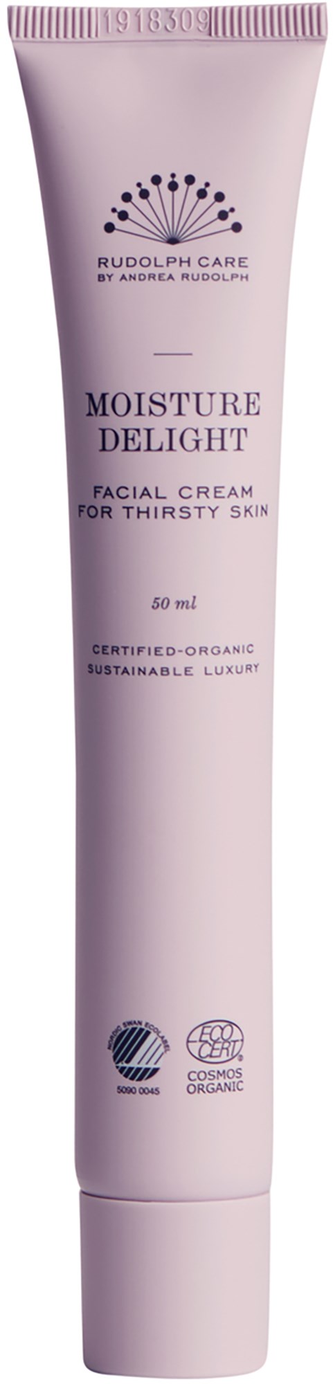 Eine rosa Tube mit 'Moisture Delight' Gesichtscreme für trockene Haut, zertifiziert biologisch, nachhaltiger Luxus. Enthält 50 ml.